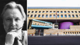 portrait of architect michael wilford and a building designed by him