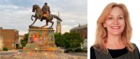 Defaced monument next to a headshot of a woman