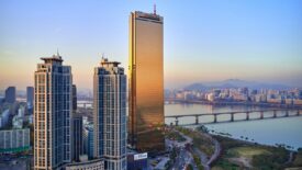 a gold-plated skyscraper in Seoul, South Korea