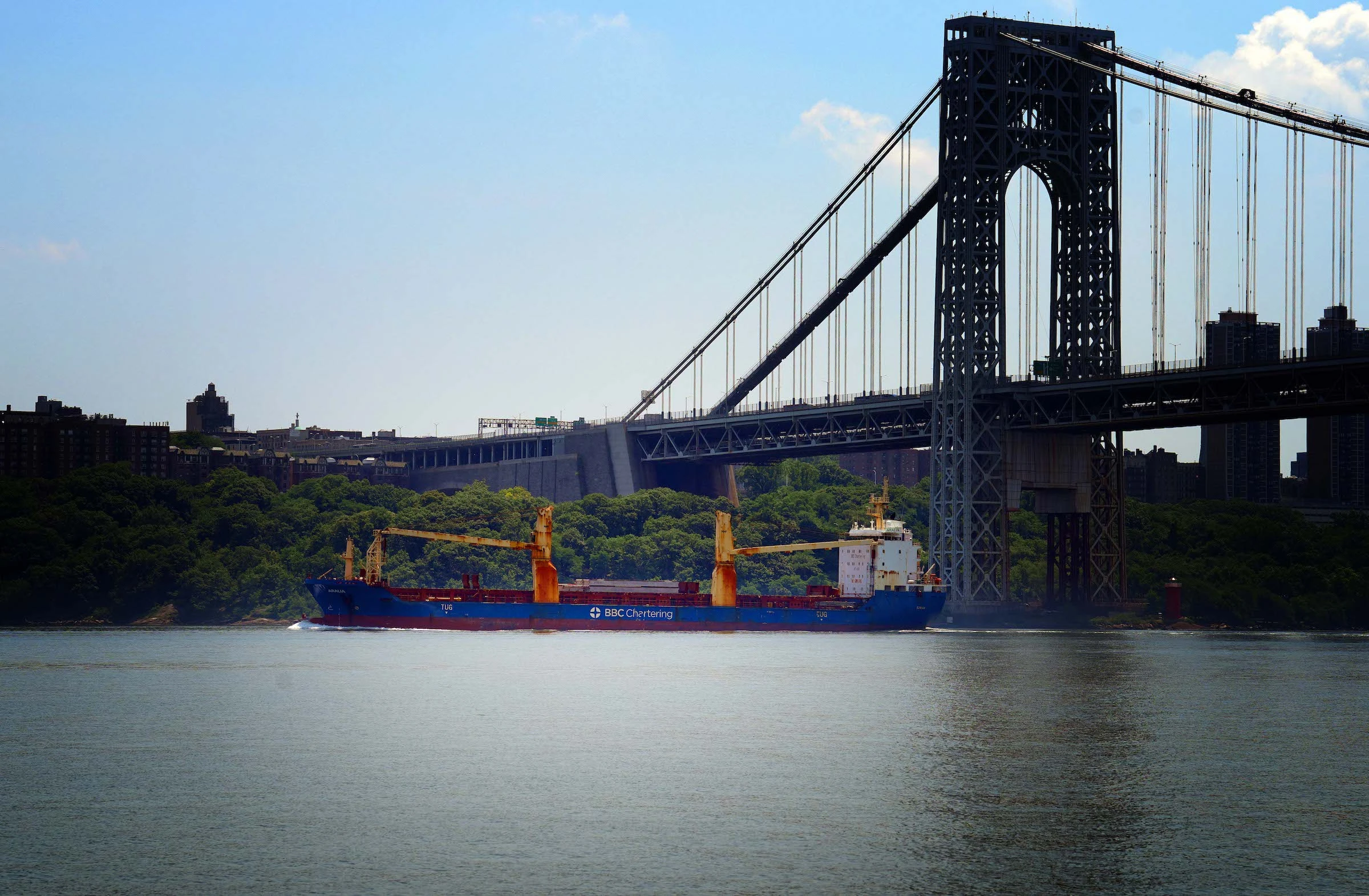 ship passing under GW Bridge.